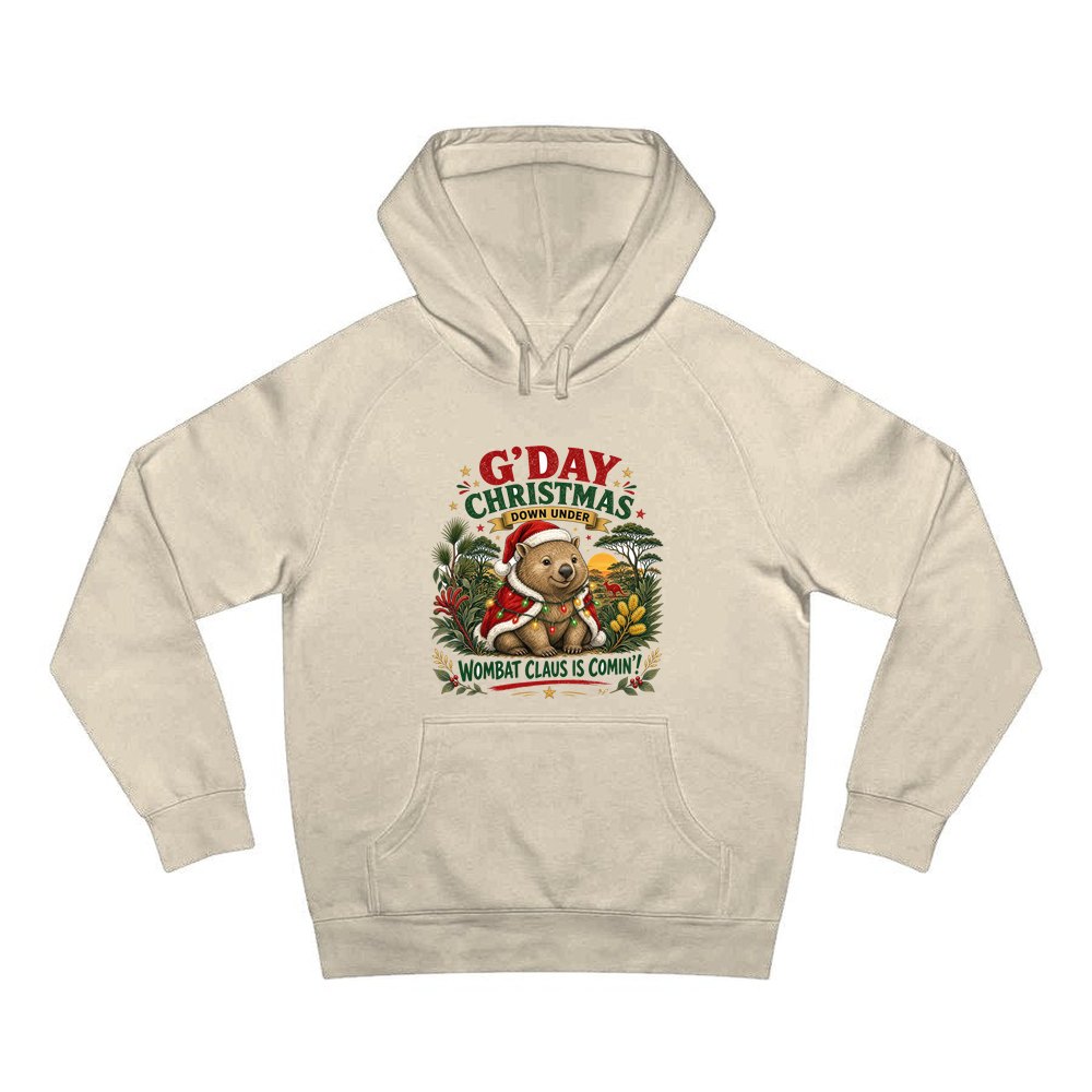 Wombat Claus Down Under personalised Christmas hoodie in sand