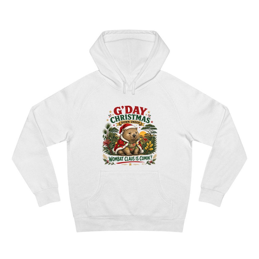 Wombat Claus Down Under personalised Christmas hoodie in white