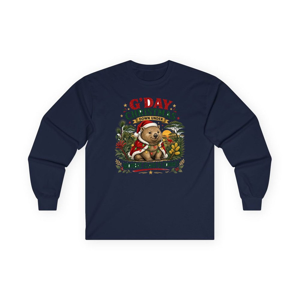 Wombat Claus Down Under personalised long sleeve Christmas T-shirt in navy