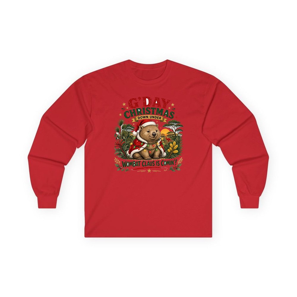 Wombat Claus Down Under personalised long sleeve Christmas T-shirt in red