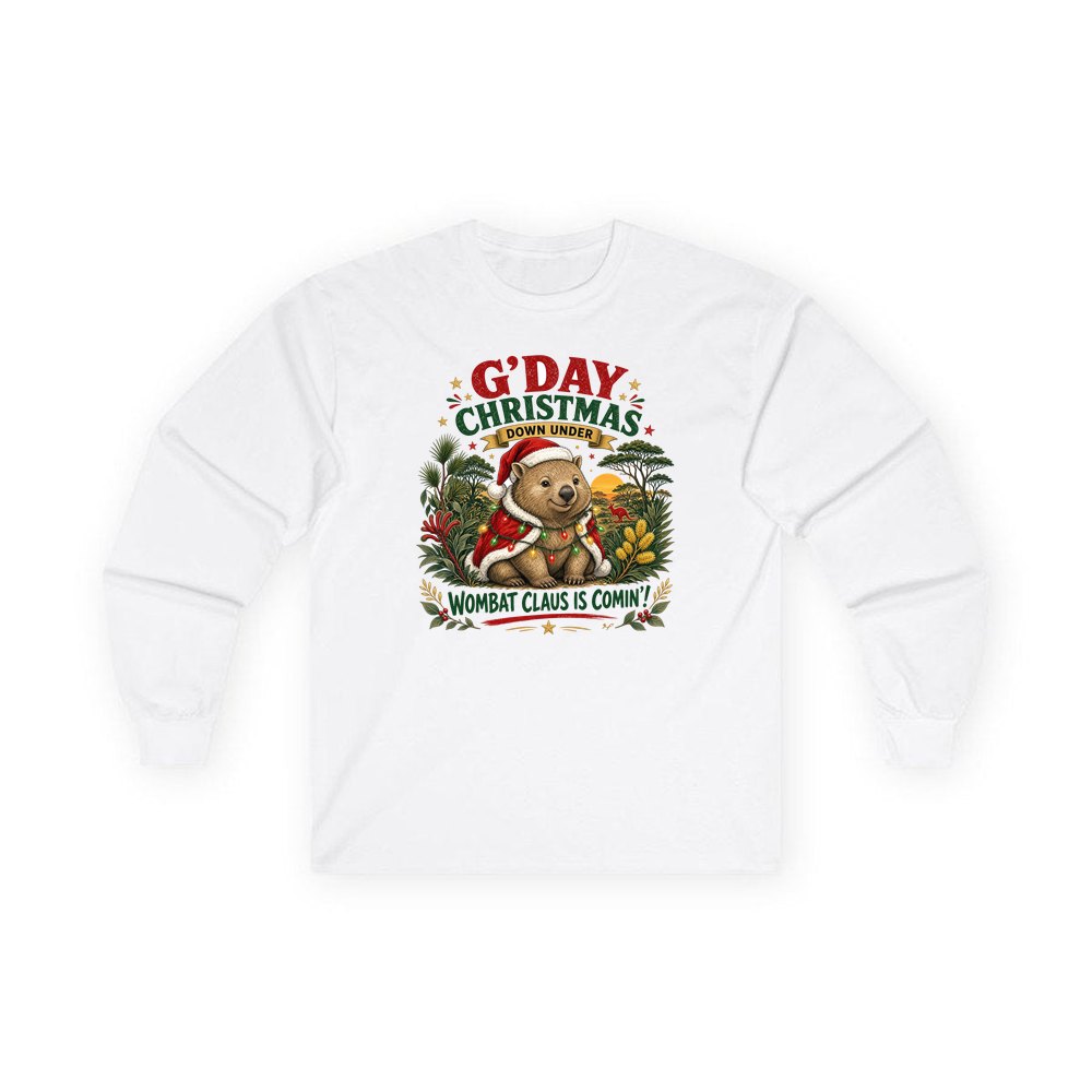 Wombat Claus Down Under personalised long sleeve Christmas T-shirt in white