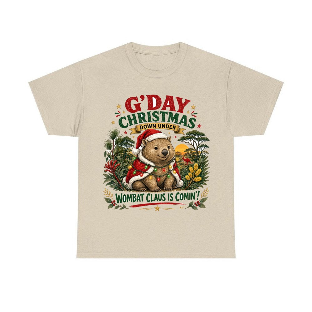 Wombat Claus Down Under personalised Christmas T-shirt in sand