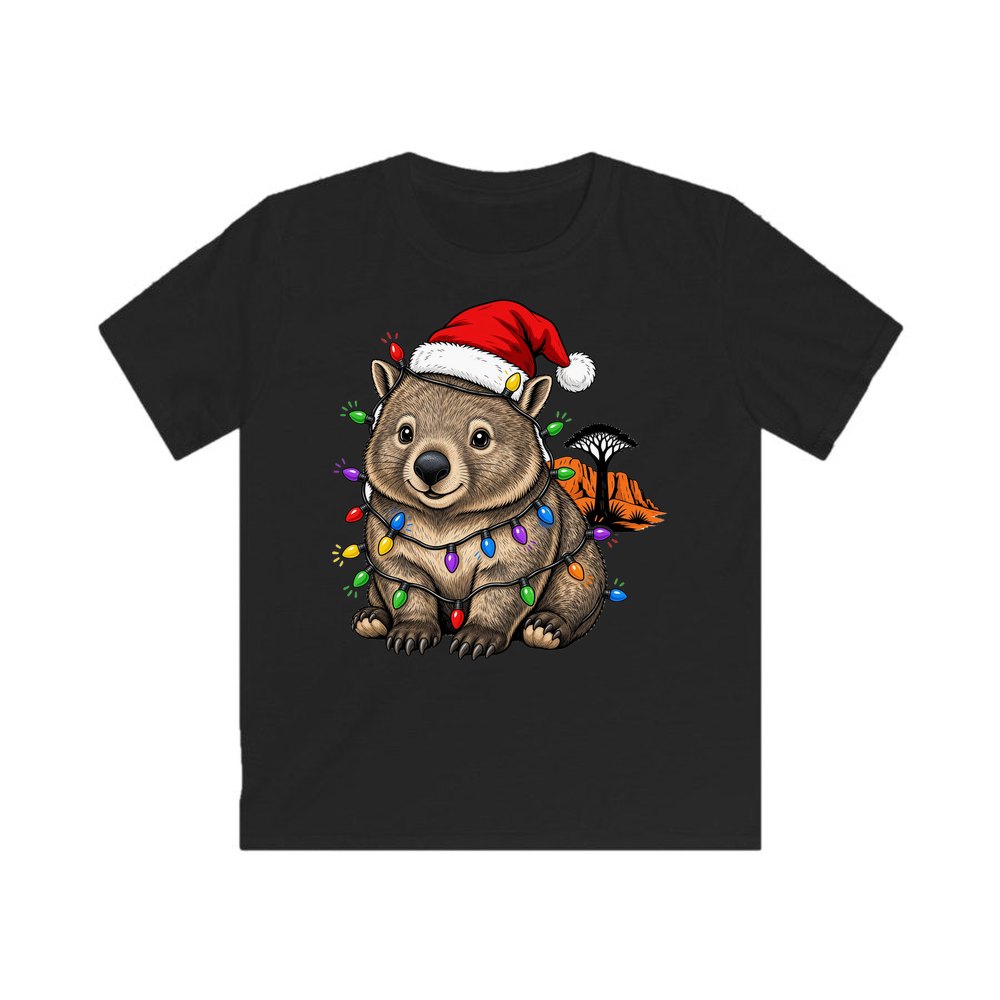 Wombat in Fairy Lights personalised kids Christmas tee in black