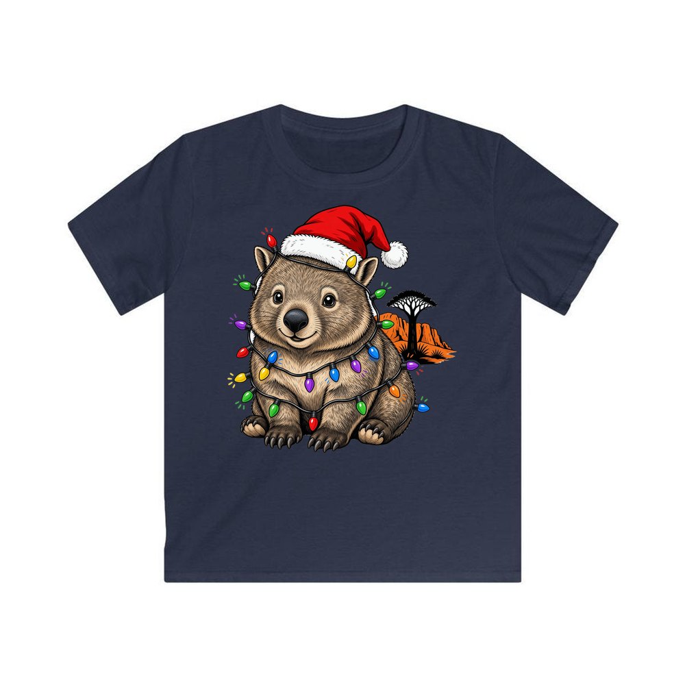Wombat in Fairy Lights personalised kids Christmas tee in navy