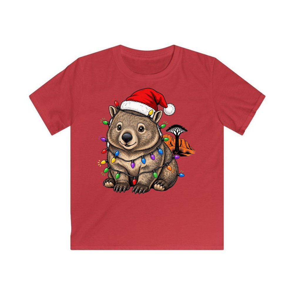 Wombat in Fairy Lights personalised kids Christmas tee in red