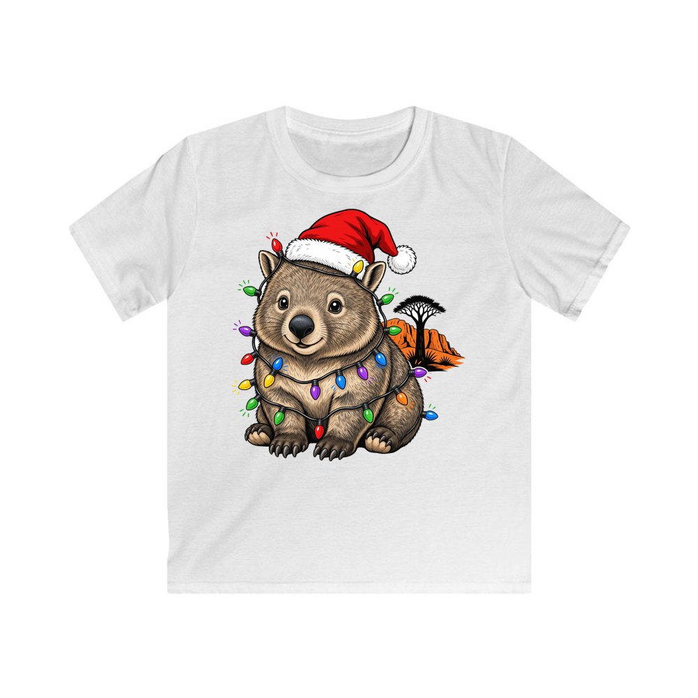 Wombat in Fairy Lights personalised kids Christmas tee in white