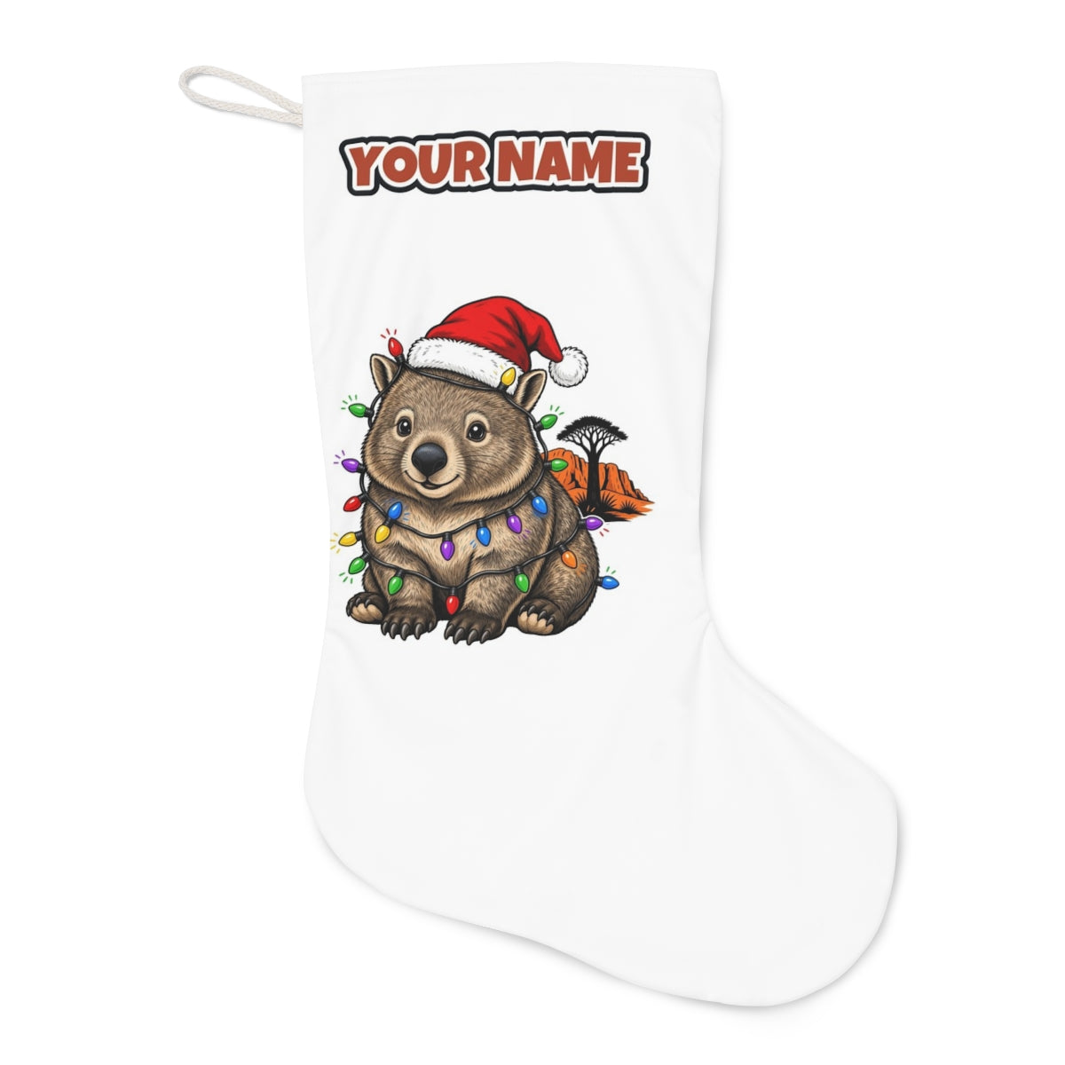 Wombat in Fairy Lights Christmas stocking laid flat, showing the full print