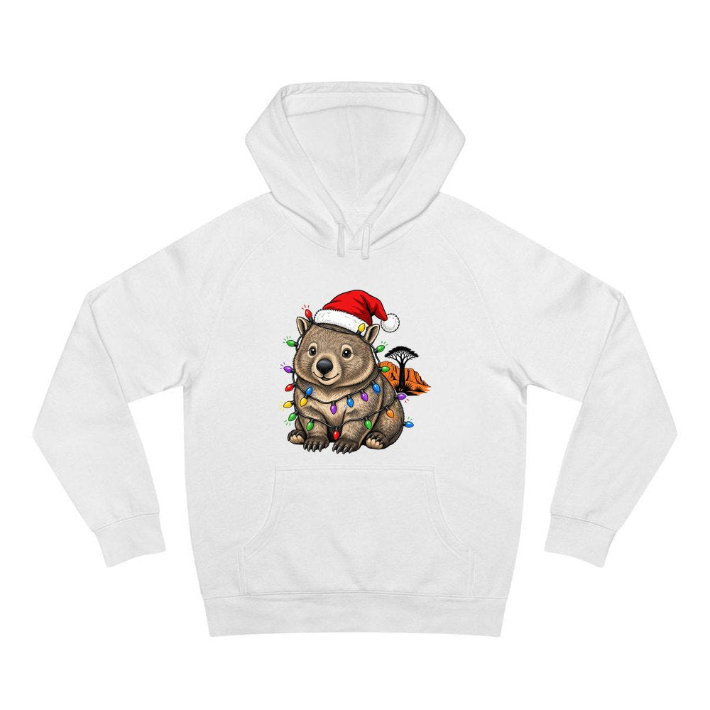 Wombat in Fairy Lights personalised Christmas hoodie in white