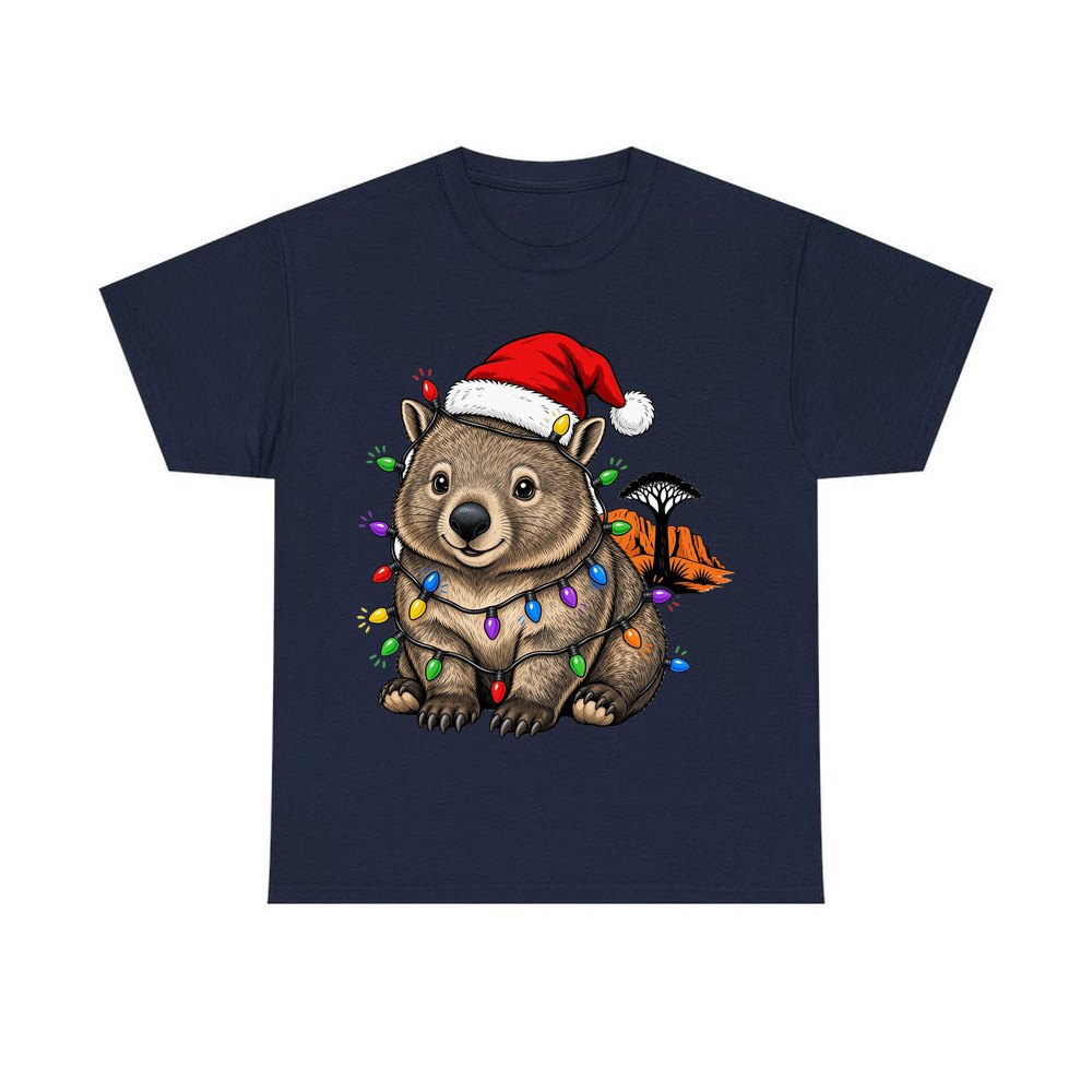 Wombat in Fairy Lights personalised Christmas T-shirt in navy