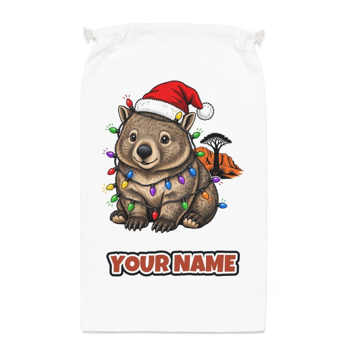 Wombat in Fairy Lights Santa sack laid flat, showing the full print