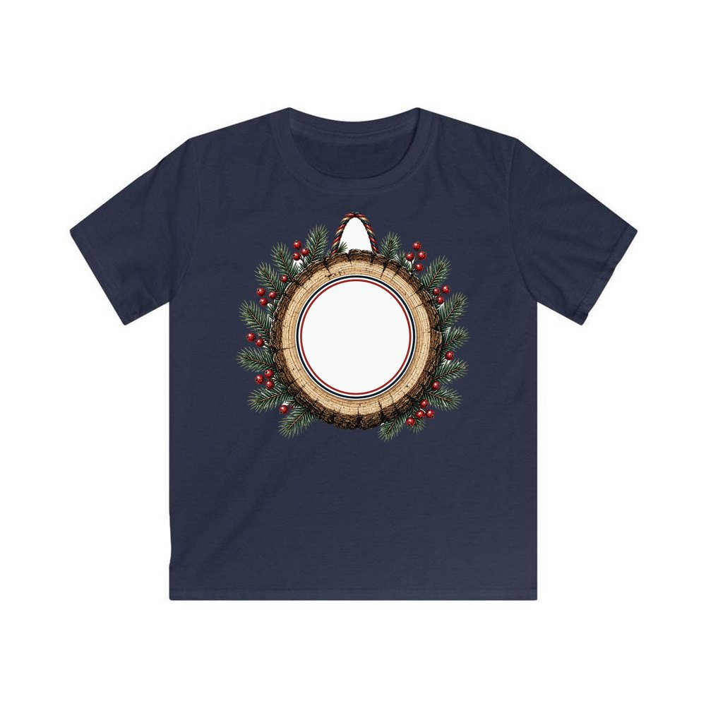 Wood Slice Ornament personalised kids Christmas tee in navy