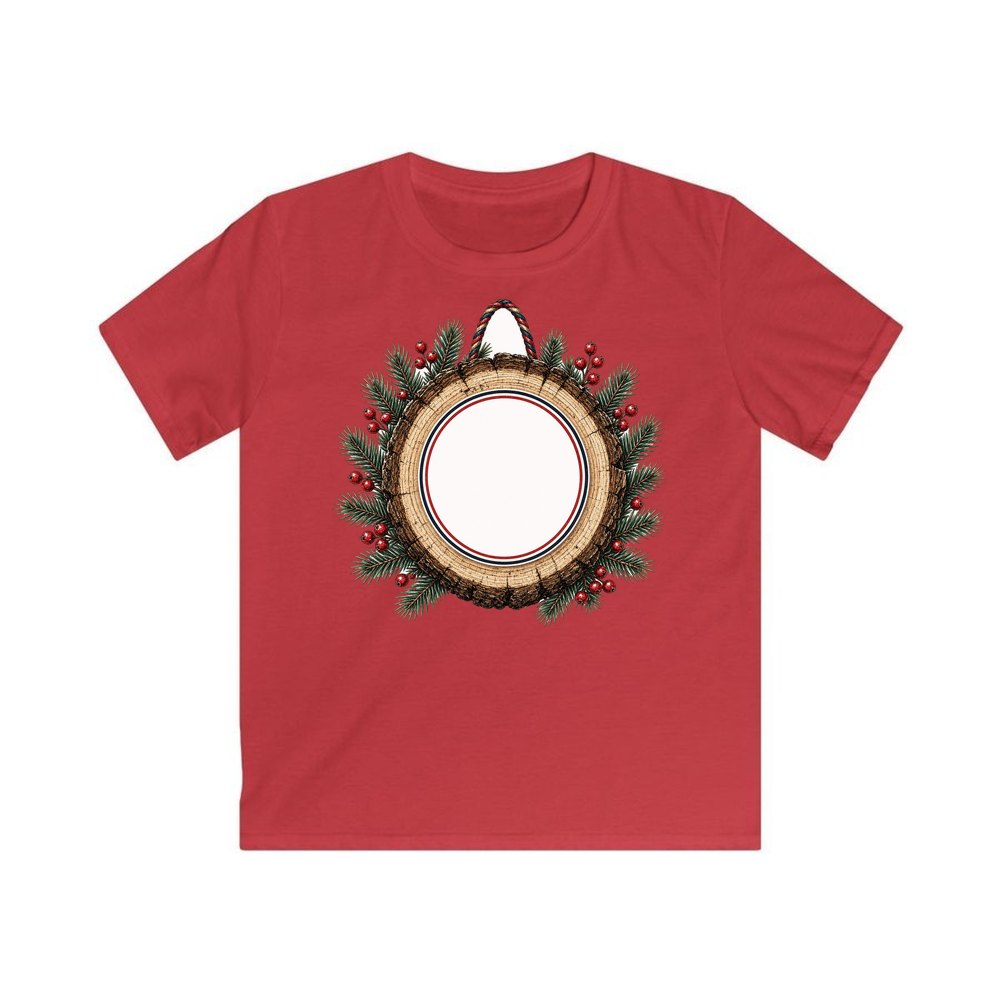 Wood Slice Ornament personalised kids Christmas tee in red