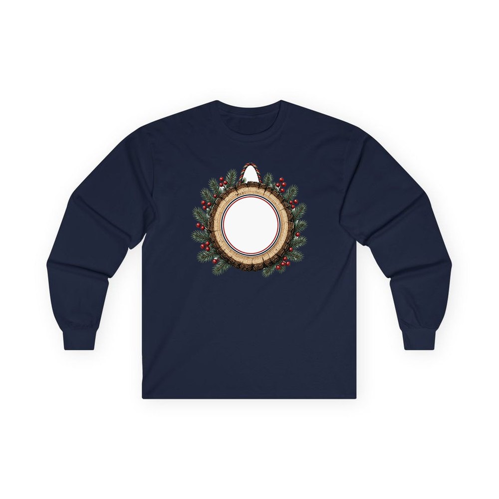 Wood Slice Ornament personalised long sleeve Christmas T-shirt in navy