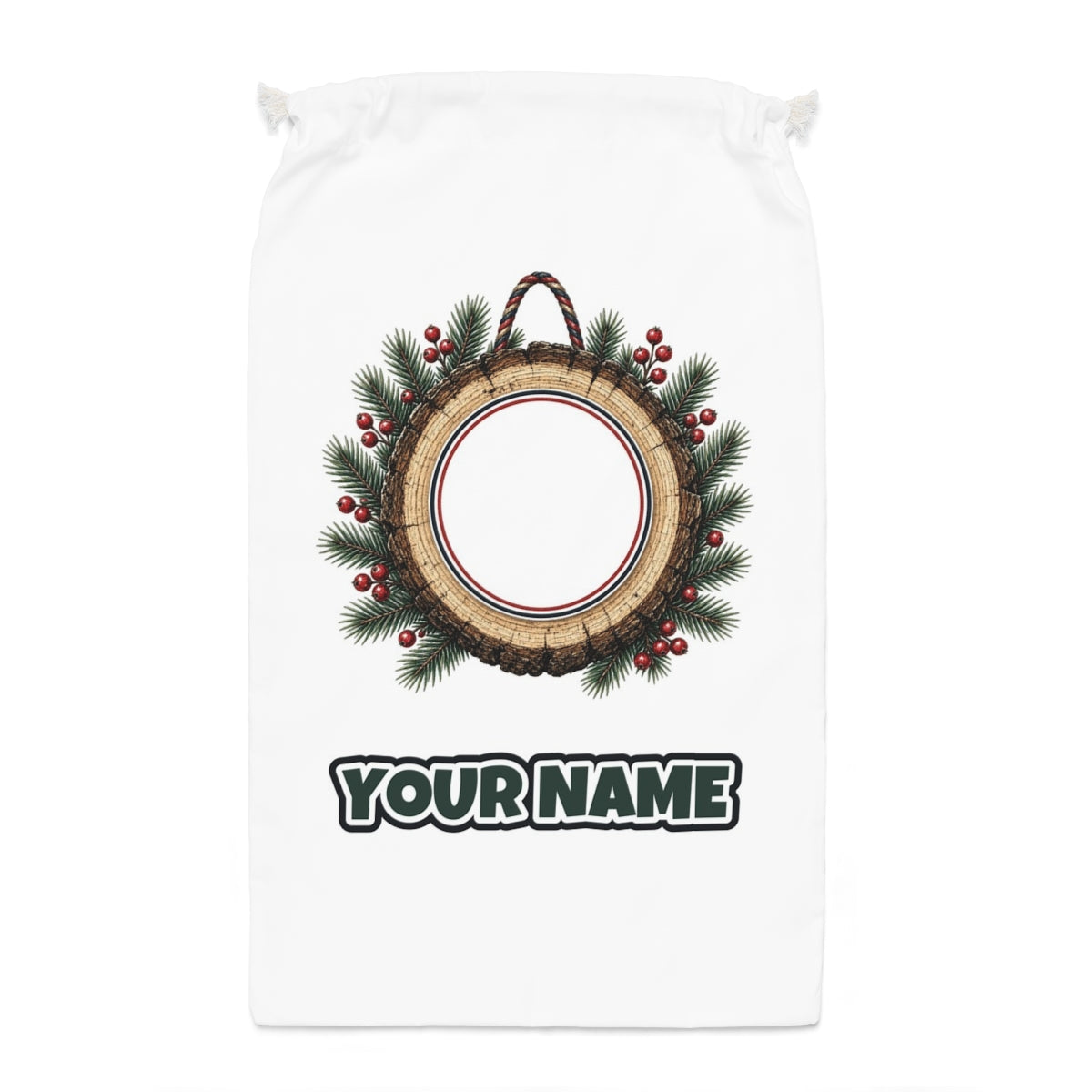 Wood Slice Ornament Santa sack laid flat, showing the full print