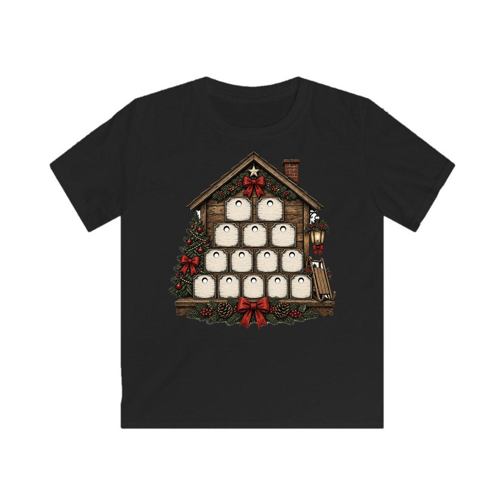 Wooden Advent Drawer House personalised kids Christmas tee in black