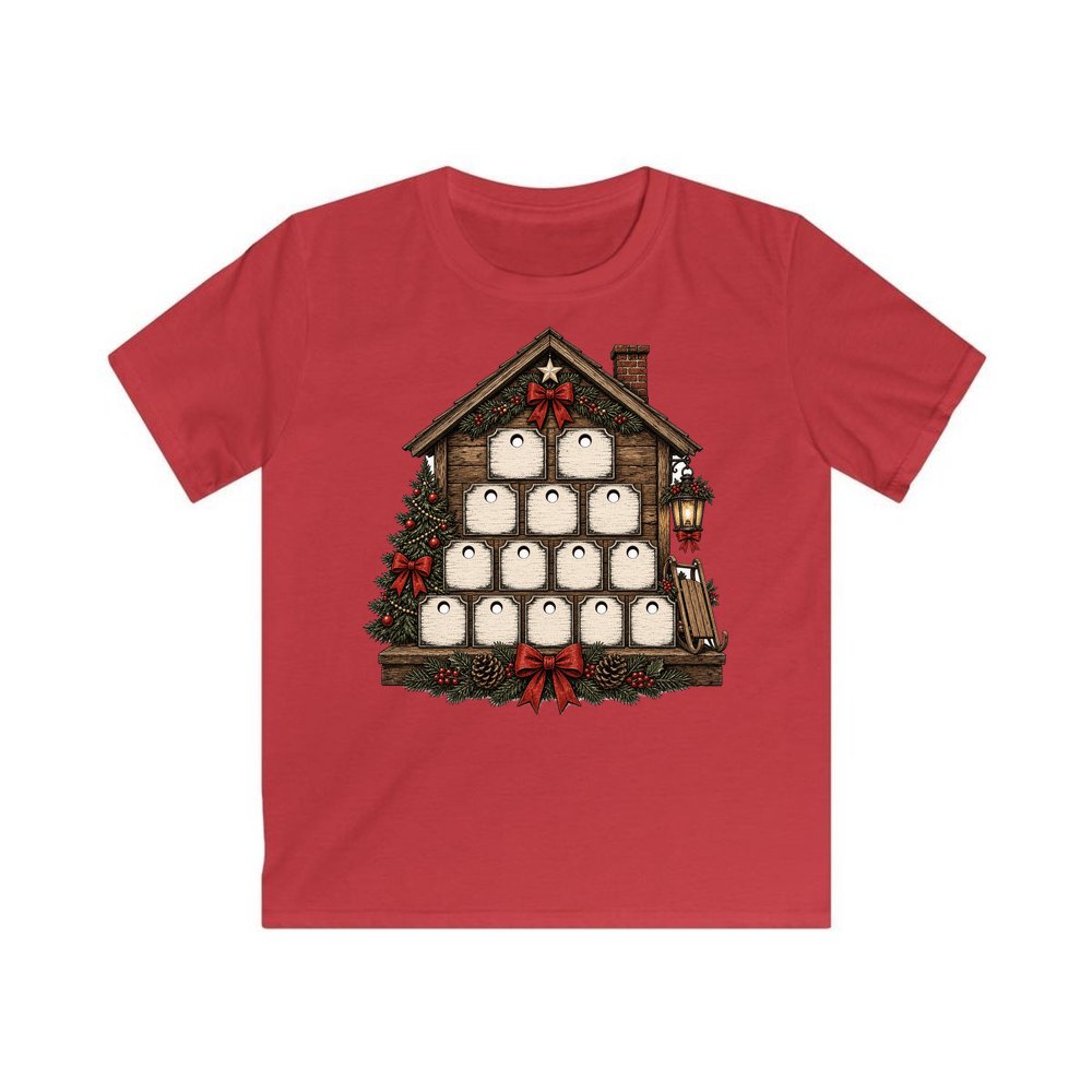 Wooden Advent Drawer House personalised kids Christmas tee in red