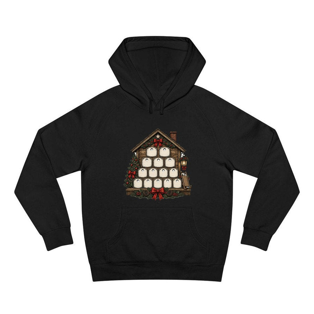 Wooden Advent Drawer House personalised Christmas hoodie in black