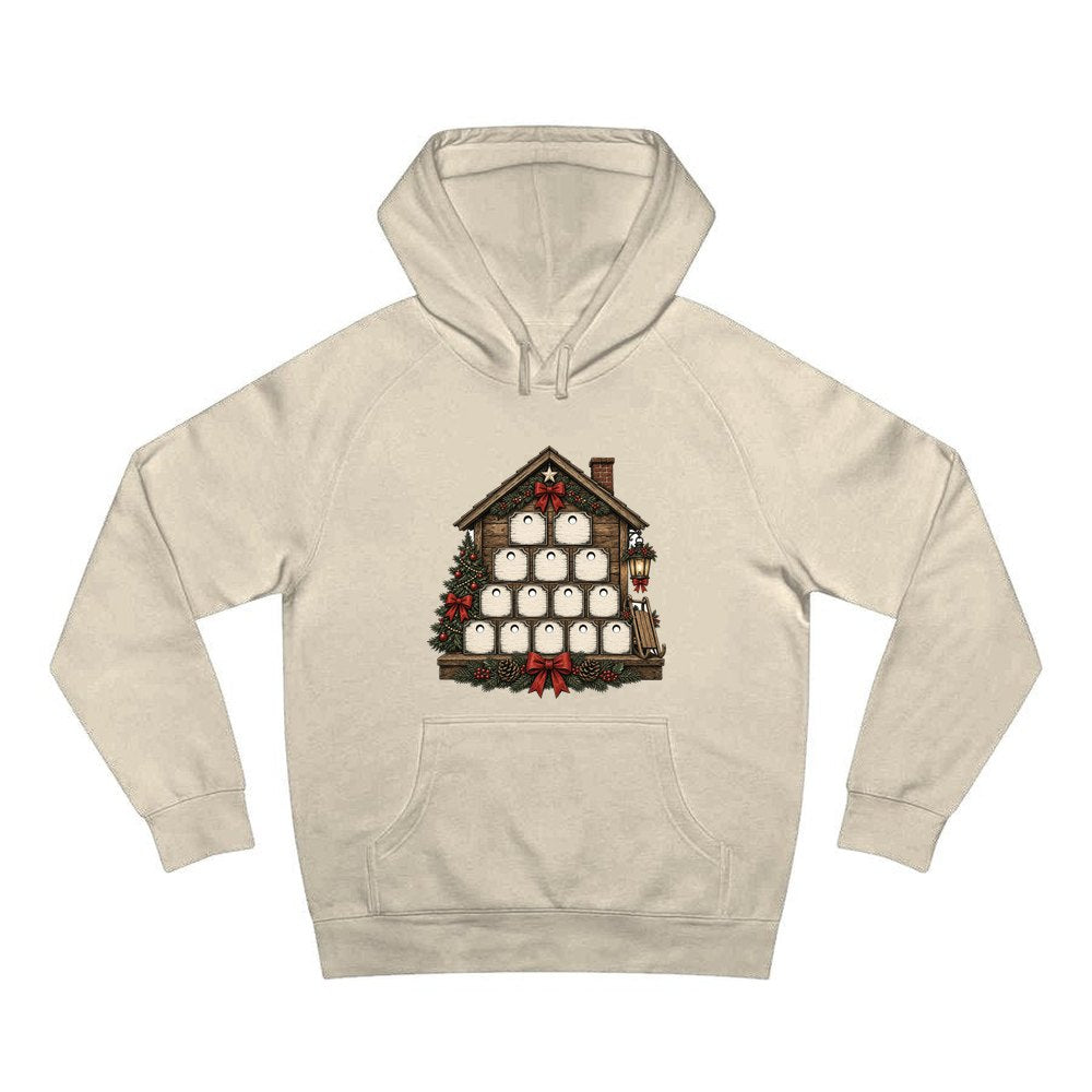 Wooden Advent Drawer House personalised Christmas hoodie in sand