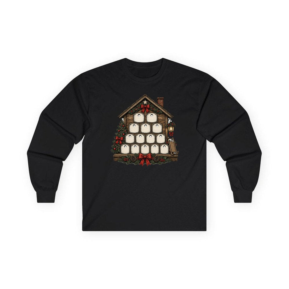 Wooden Advent Drawer House personalised long sleeve Christmas T-shirt in black