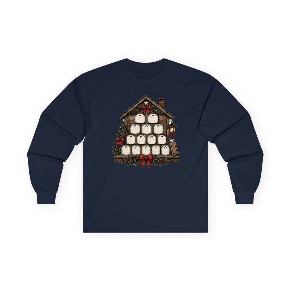 Wooden Advent Drawer House personalised long sleeve Christmas T-shirt in navy