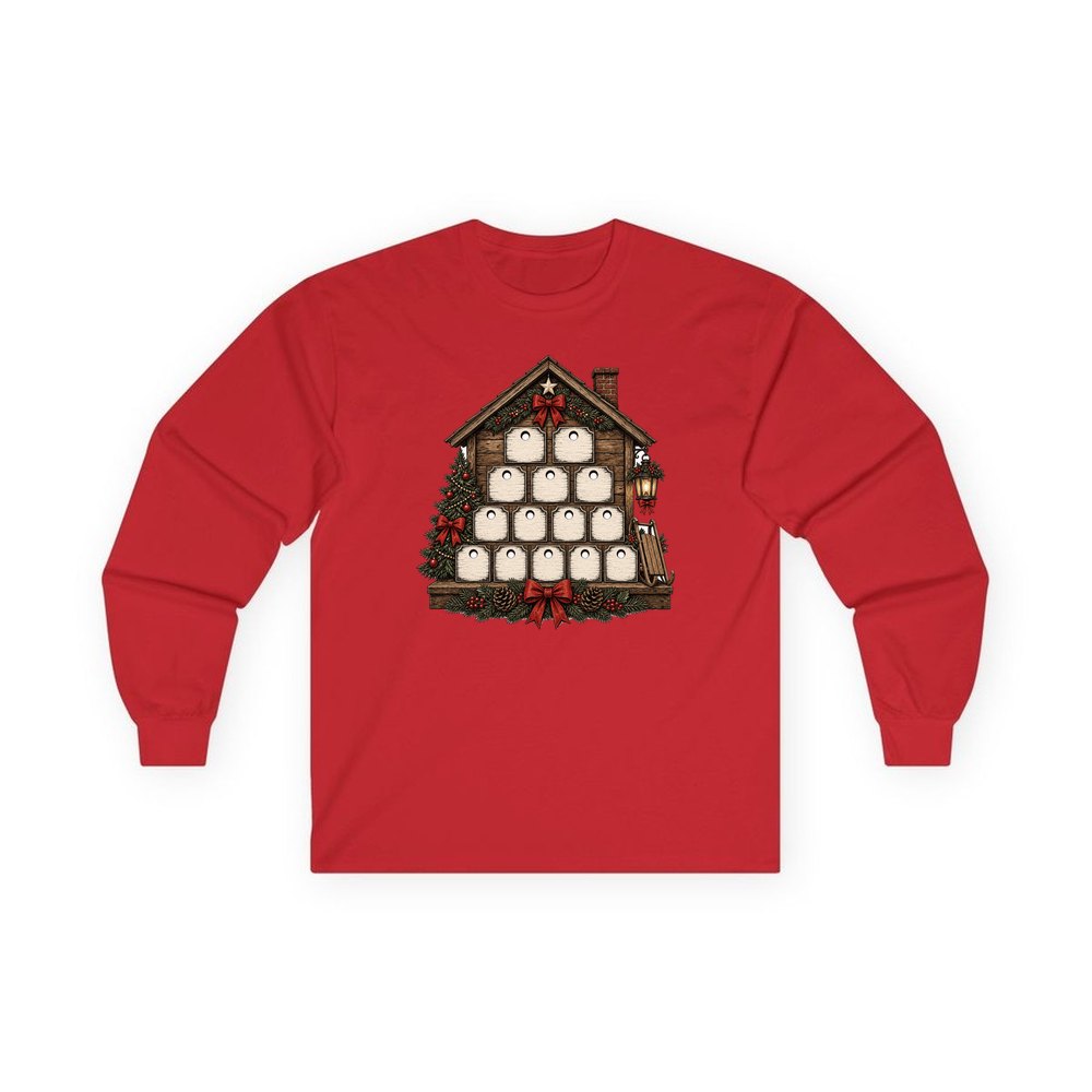 Wooden Advent Drawer House personalised long sleeve Christmas T-shirt in red