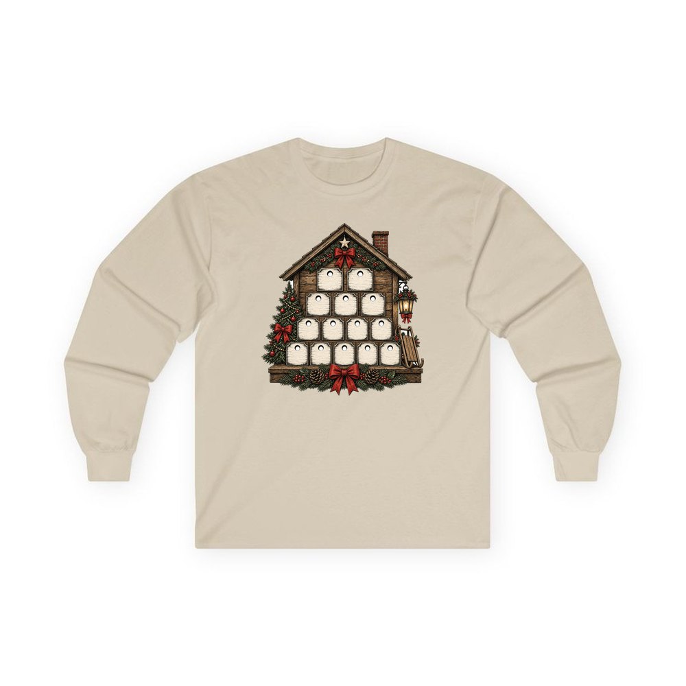 Wooden Advent Drawer House personalised long sleeve Christmas T-shirt in sand