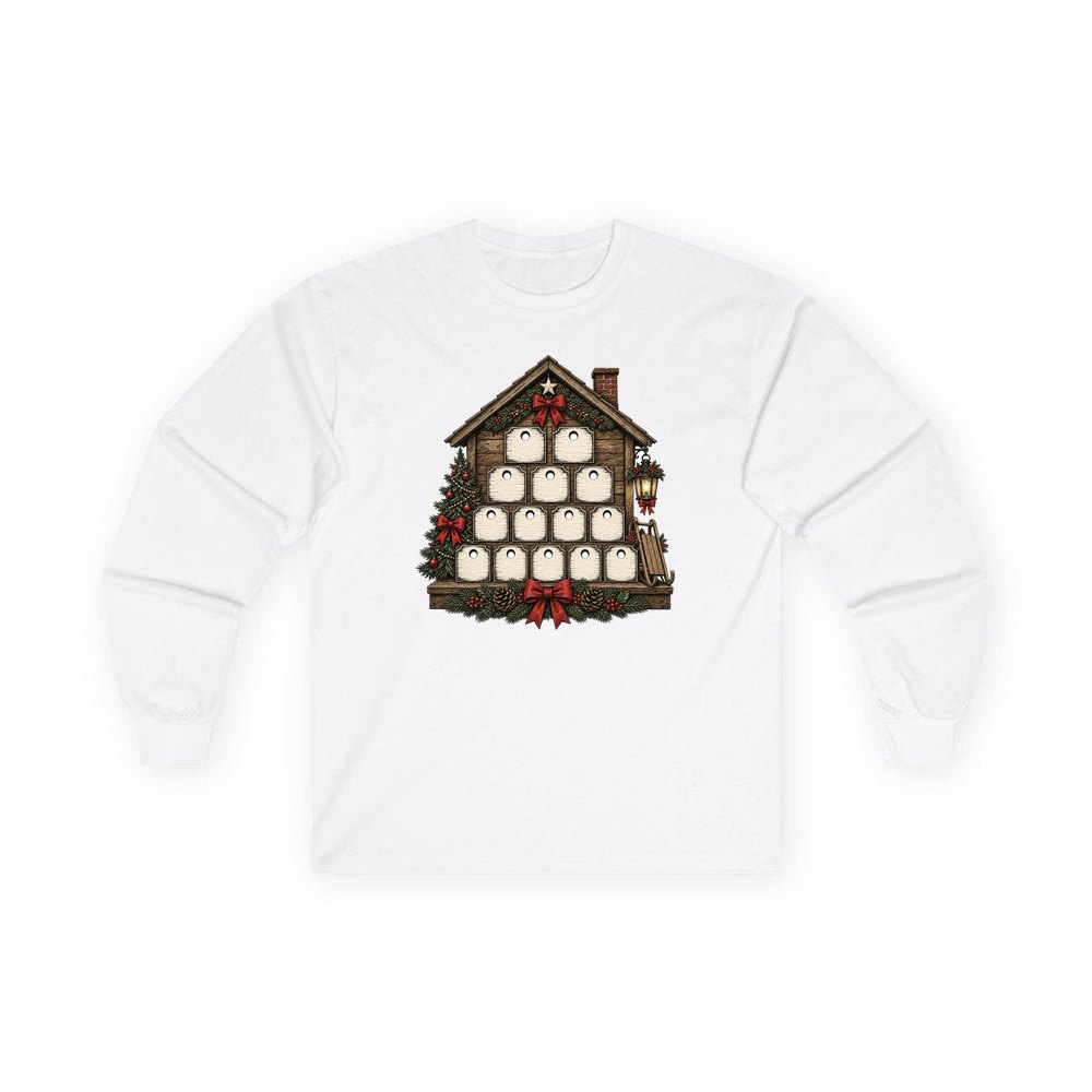 Wooden Advent Drawer House personalised long sleeve Christmas T-shirt in white