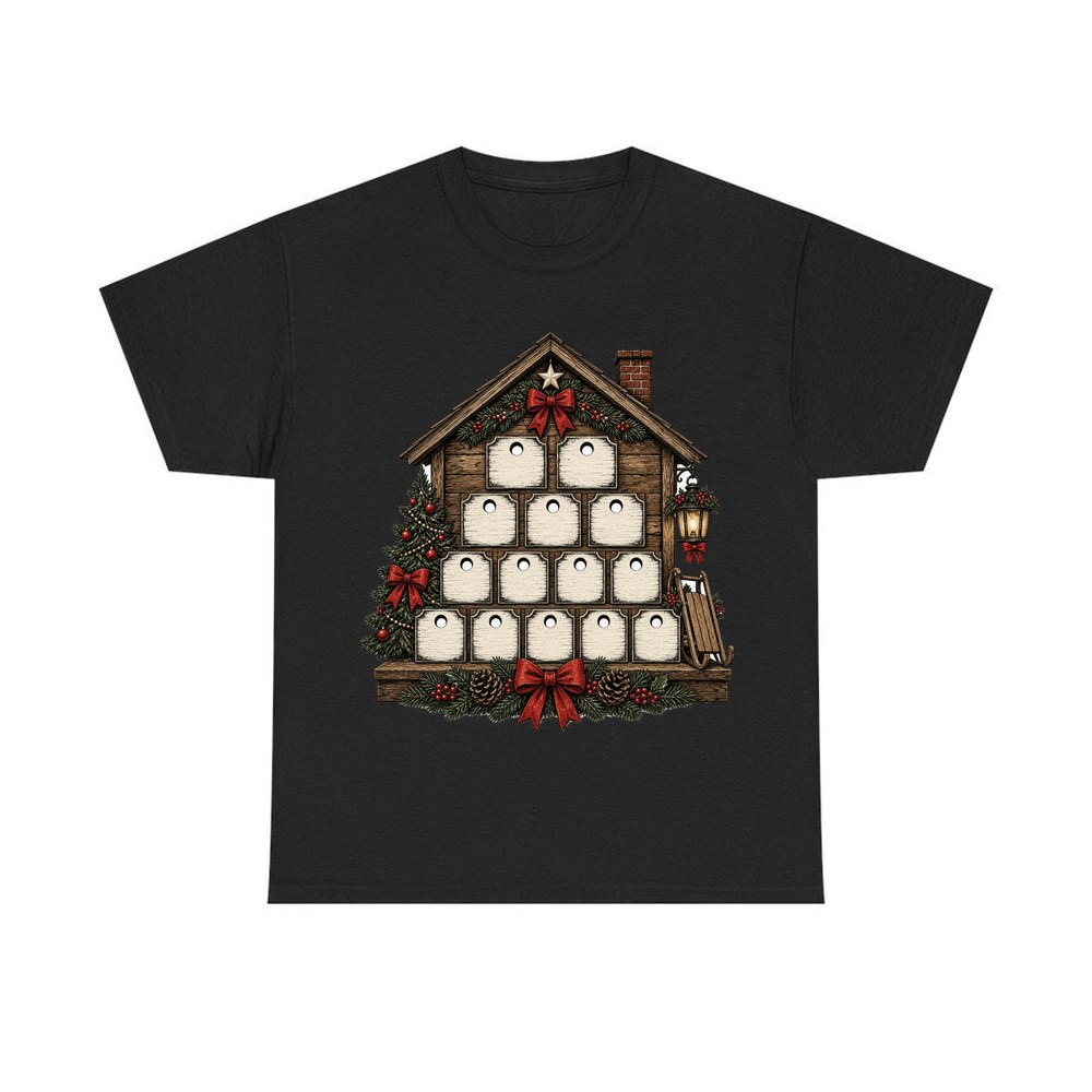 Wooden Advent Drawer House personalised Christmas T-shirt in black