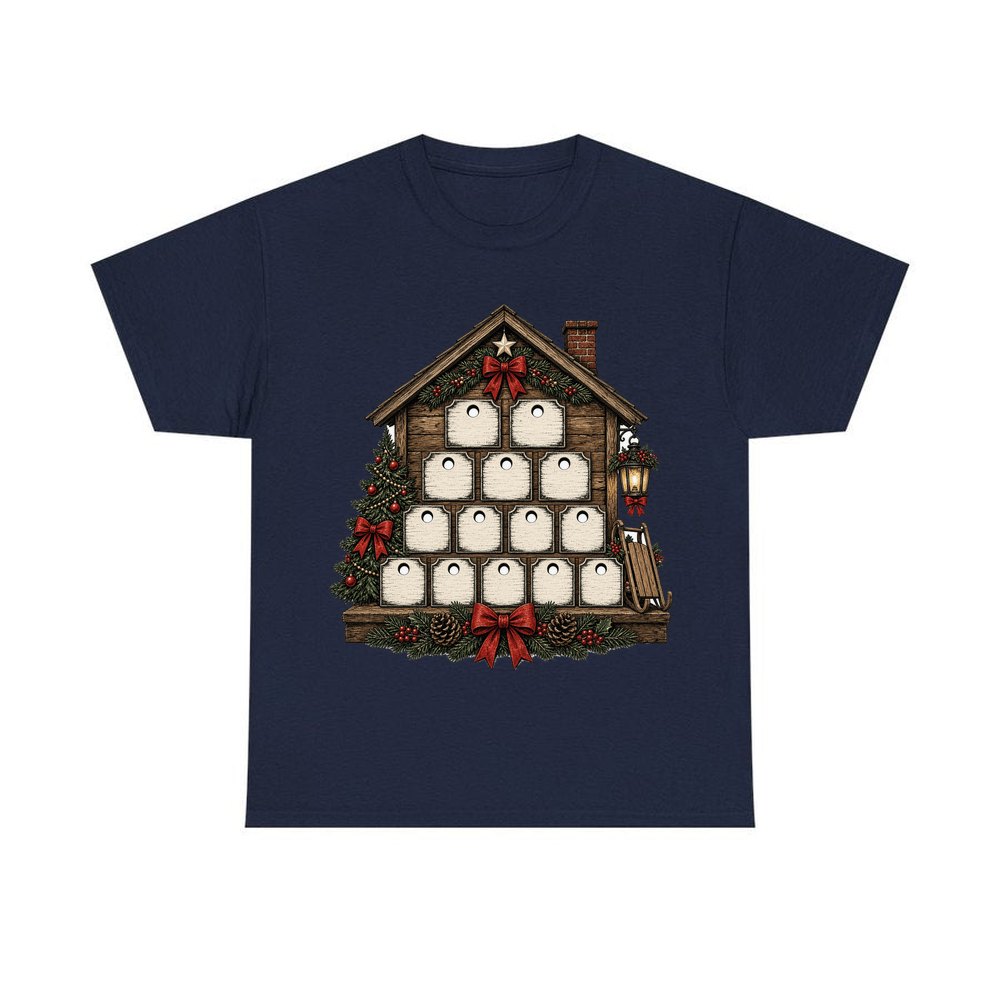 Wooden Advent Drawer House personalised Christmas T-shirt in navy