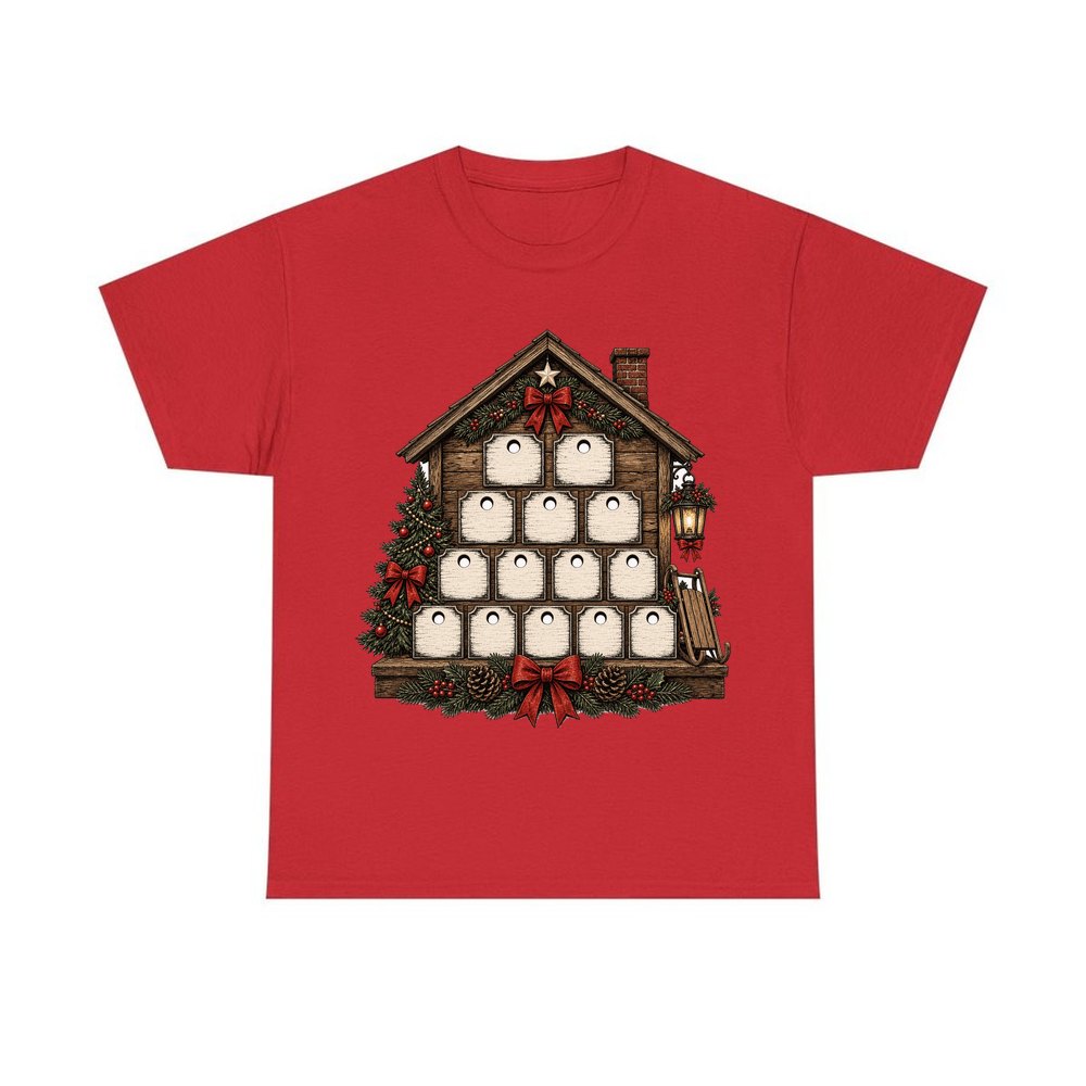 Wooden Advent Drawer House personalised Christmas T-shirt in red