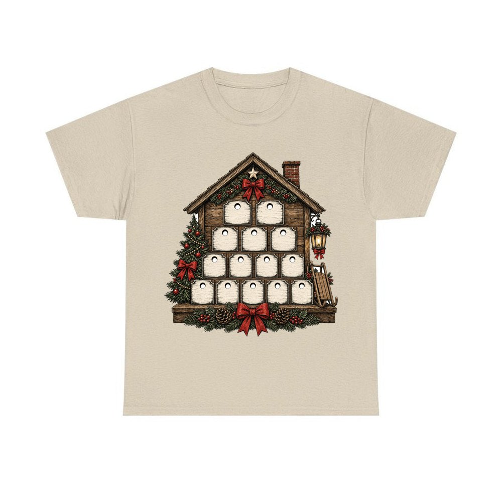 Wooden Advent Drawer House personalised Christmas T-shirt in sand