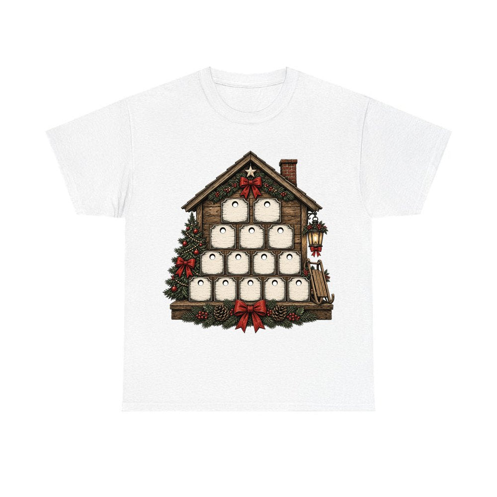 Wooden Advent Drawer House personalised Christmas T-shirt in white