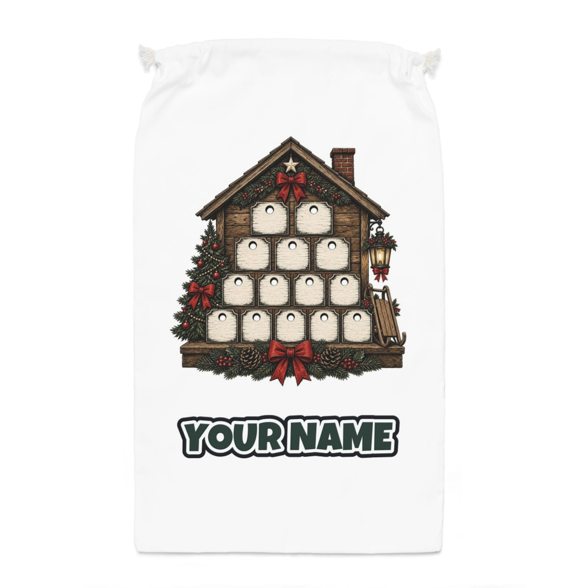 Wooden Advent Drawer House Santa sack laid flat, showing the full print