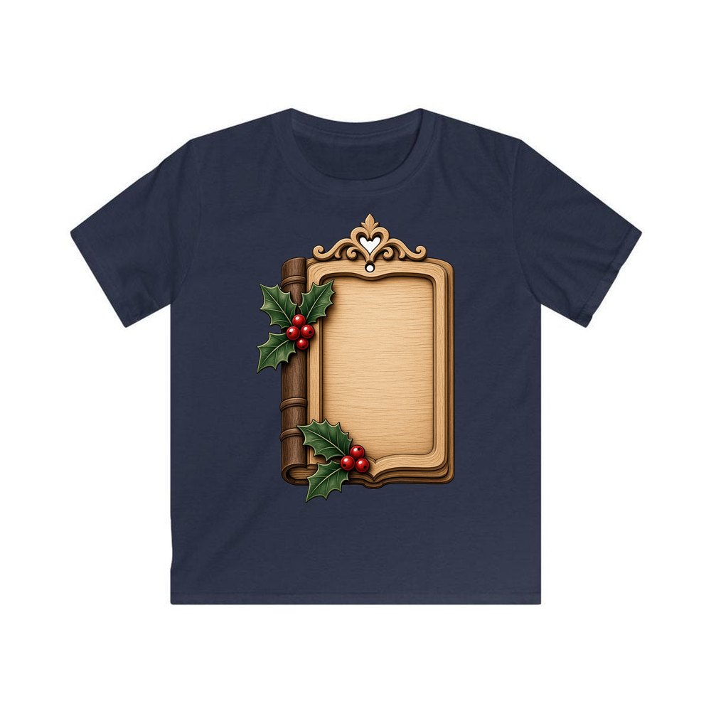 Wooden Book Name Ornament personalised kids Christmas tee in navy