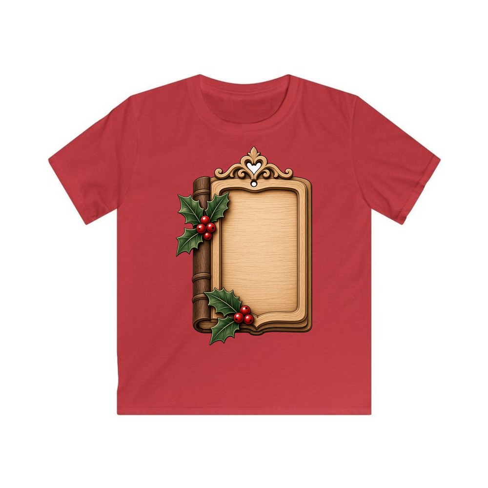 Wooden Book Name Ornament personalised kids Christmas tee in red