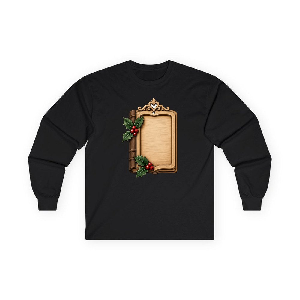 Wooden Book Name Ornament personalised long sleeve Christmas T-shirt in black