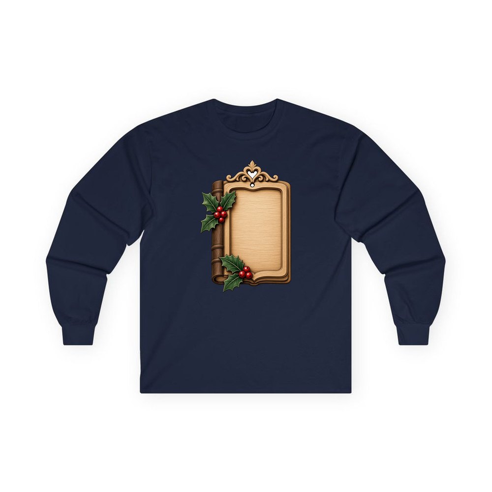 Wooden Book Name Ornament personalised long sleeve Christmas T-shirt in navy