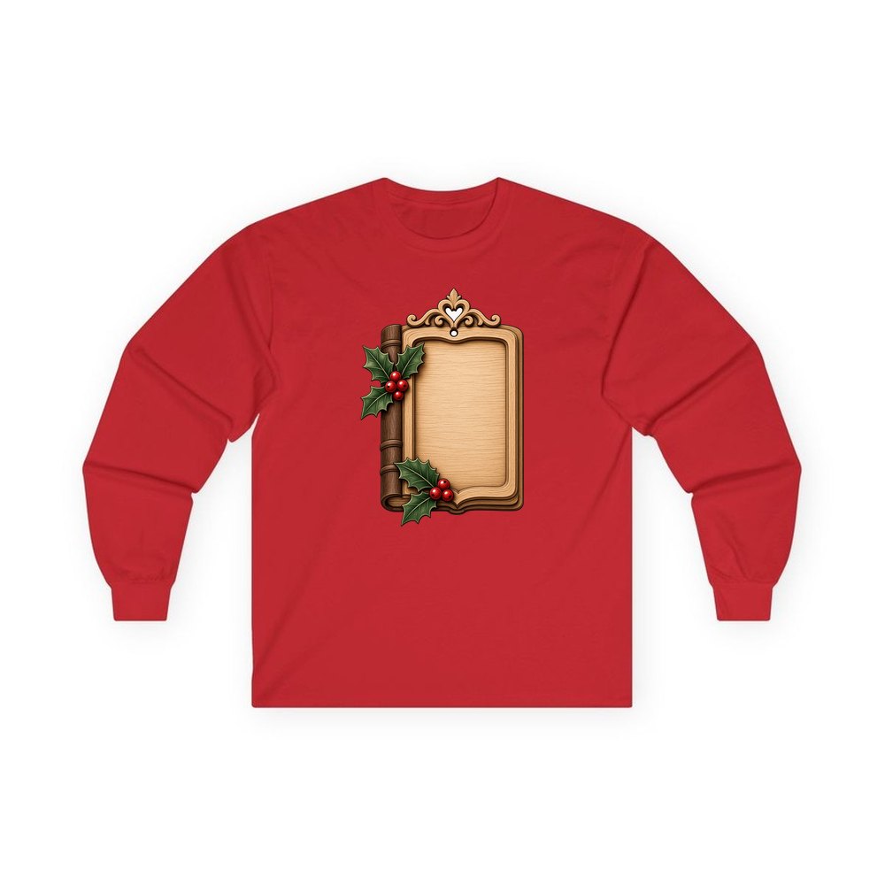 Wooden Book Name Ornament personalised long sleeve Christmas T-shirt in red