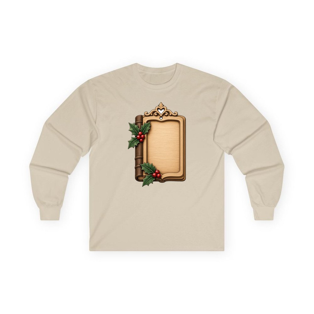 Wooden Book Name Ornament personalised long sleeve Christmas T-shirt in sand