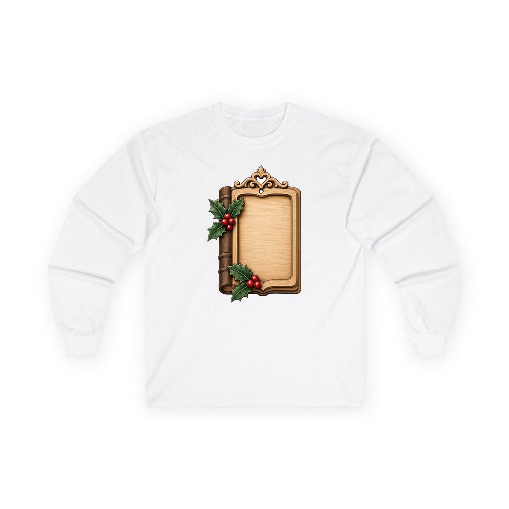 Wooden Book Name Ornament personalised long sleeve Christmas T-shirt in white