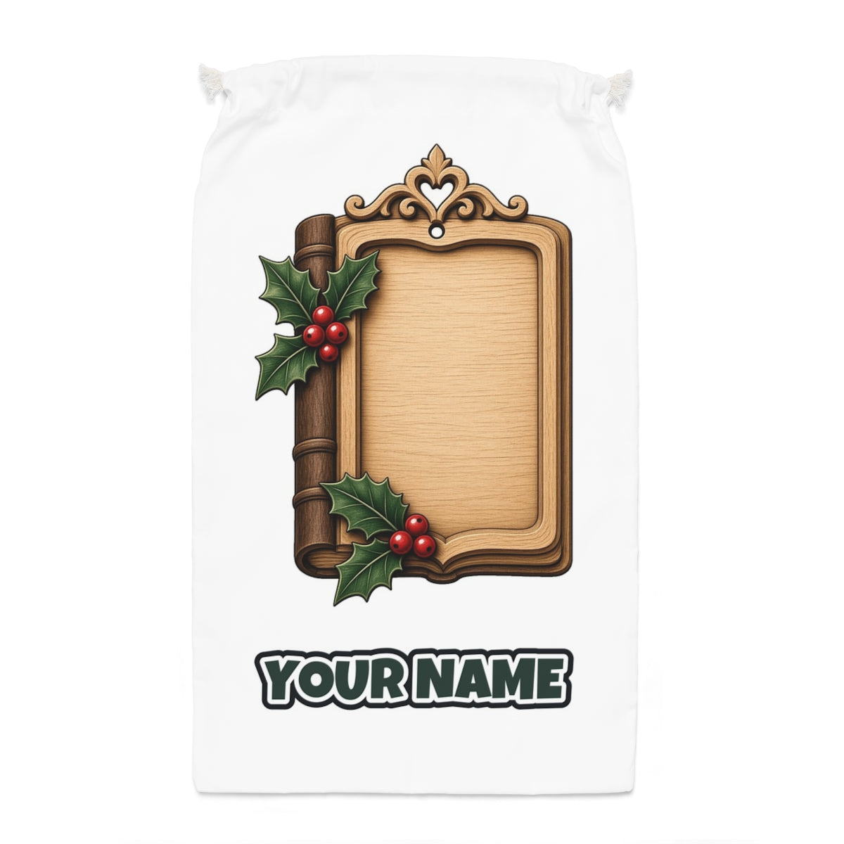 Wooden Book Name Ornament Santa sack laid flat, showing the full print