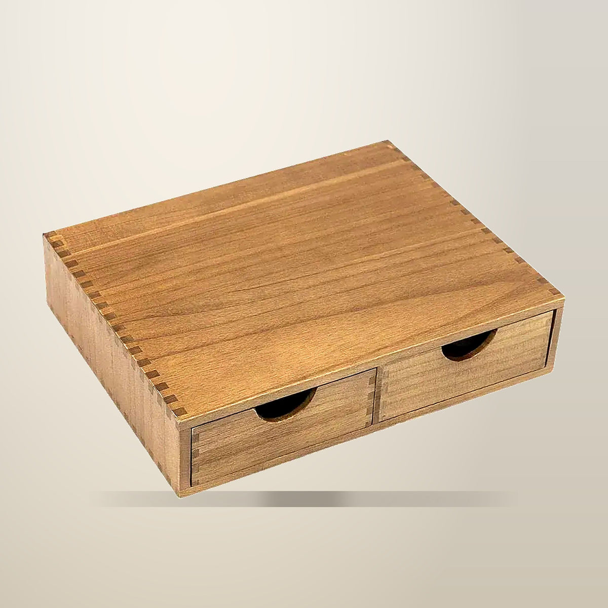 Wooden Coffee Capsule Holder with 2 Drawers, on a plain cream background
