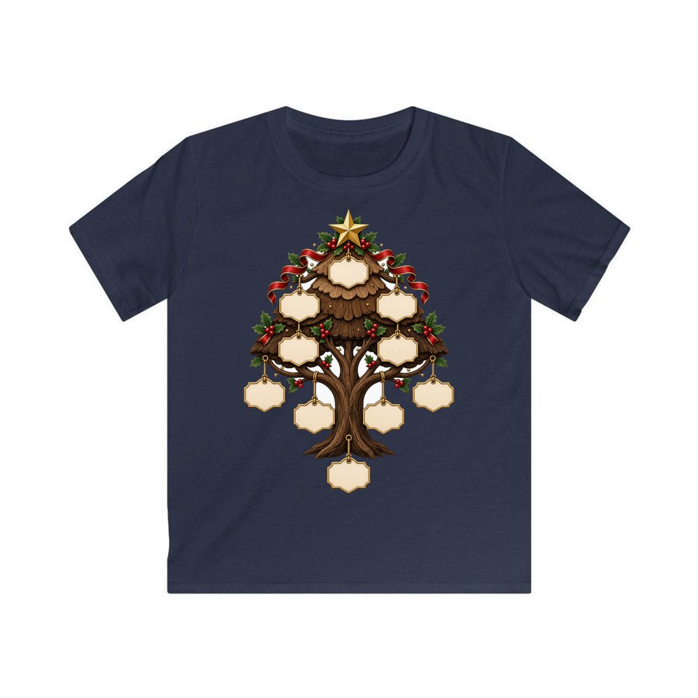 Wooden Family Tree Ornament personalised kids Christmas tee in navy