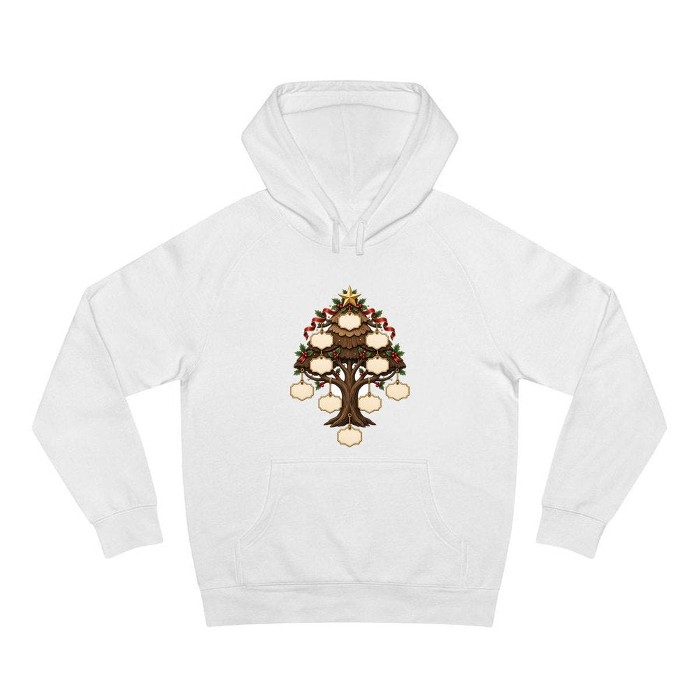 Wooden Family Tree Ornament personalised Christmas hoodie in white
