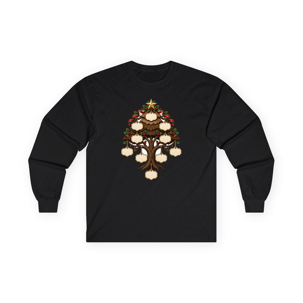 Wooden Family Tree Ornament personalised long sleeve Christmas T-shirt in black
