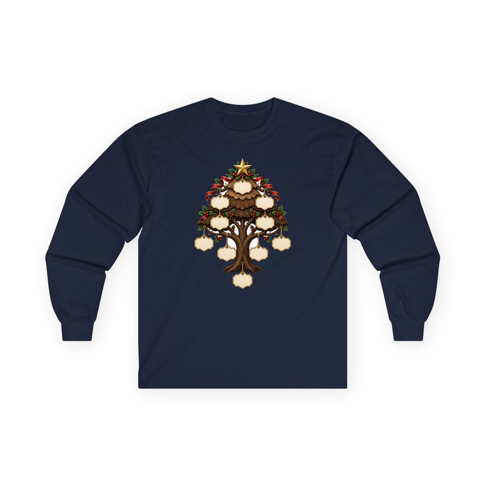 Wooden Family Tree Ornament personalised long sleeve Christmas T-shirt in navy