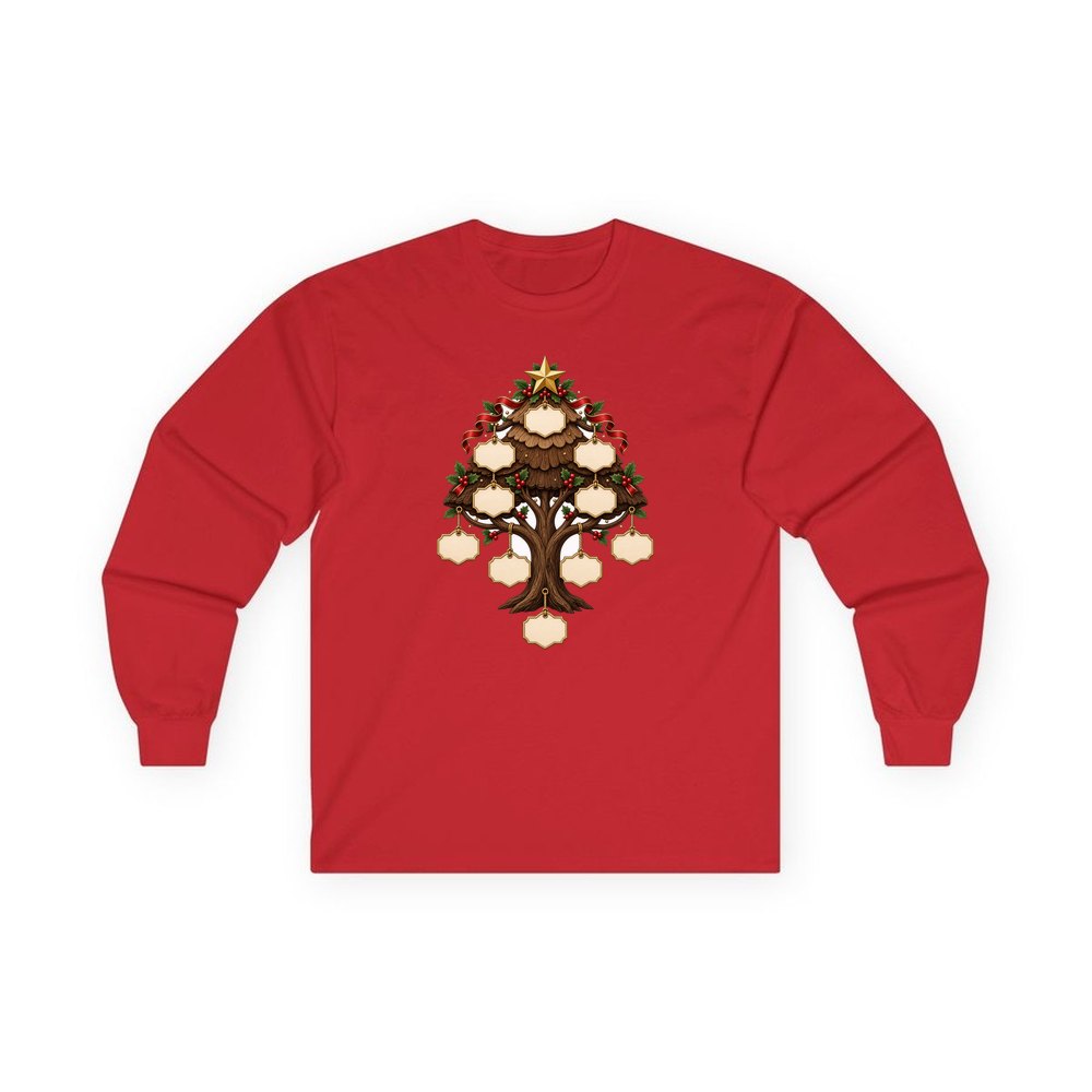 Wooden Family Tree Ornament personalised long sleeve Christmas T-shirt in red