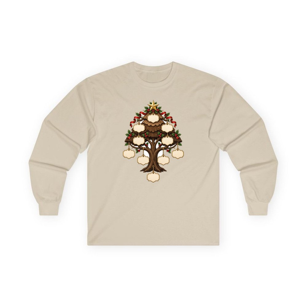 Wooden Family Tree Ornament personalised long sleeve Christmas T-shirt in sand