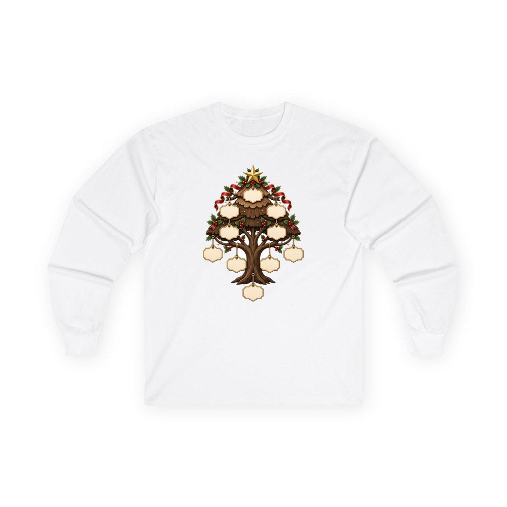 Wooden Family Tree Ornament personalised long sleeve Christmas T-shirt in white