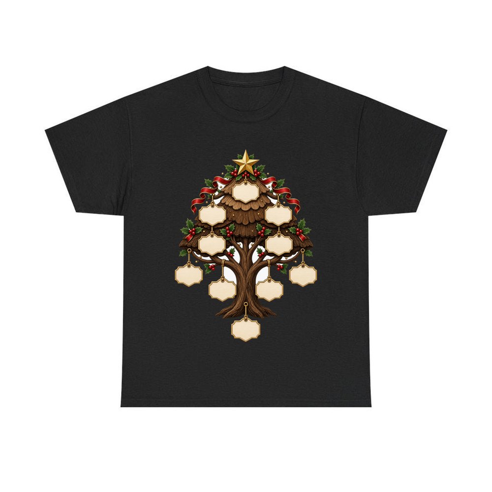 Wooden Family Tree Ornament personalised Christmas T-shirt in black